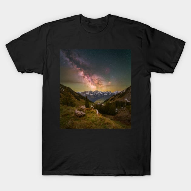 Amazing landscape of Switzerland and colourful Milky Way T-Shirt by StarryNightsCH